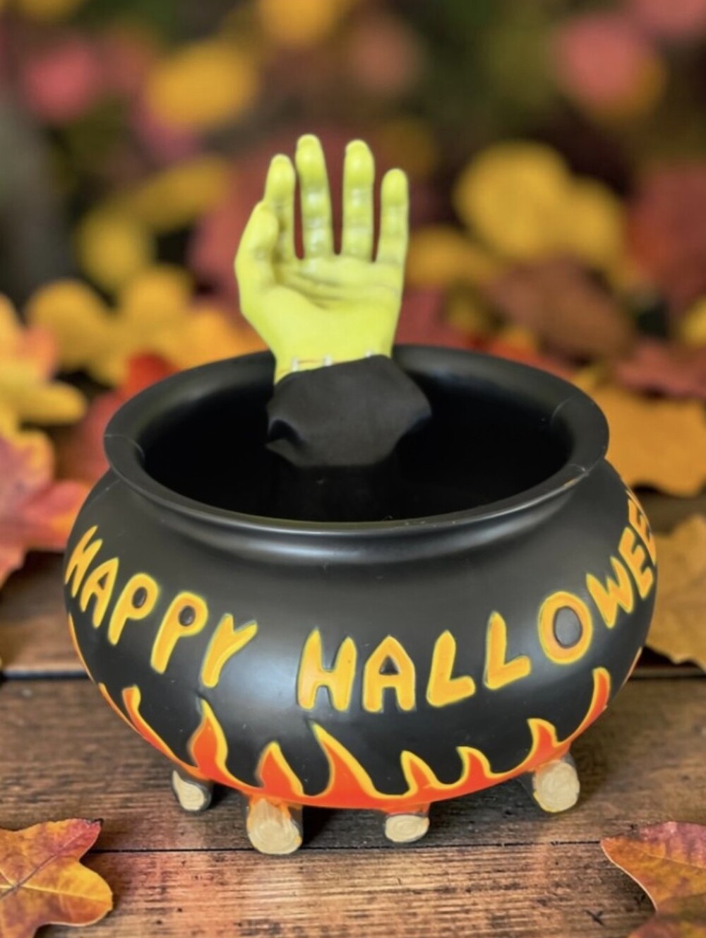 "Happy Halloween" Black Cauldron Candy Bowl/Motion Activated Frankenstein Hand